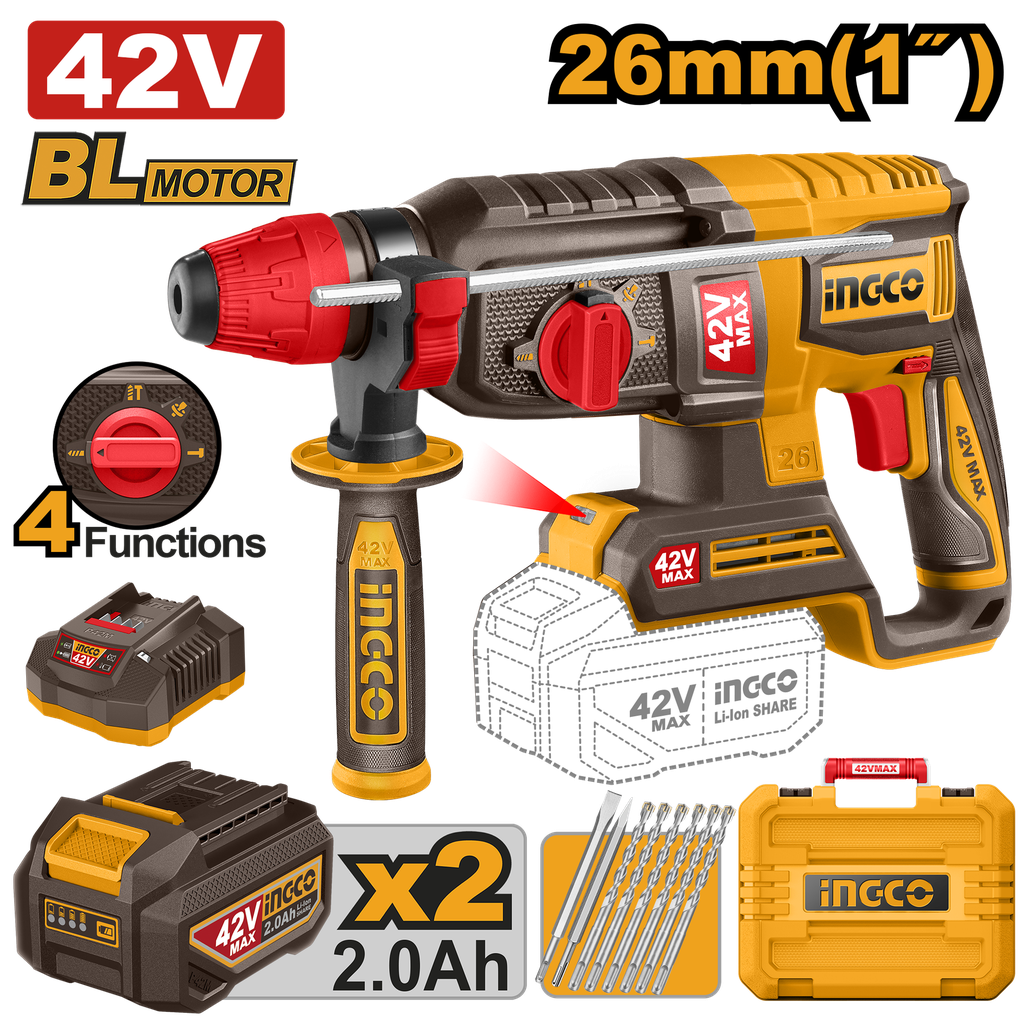 MARTILLO ROTATIVO 42 V 26 mm * Incluye Carg/ Bat 2 aH