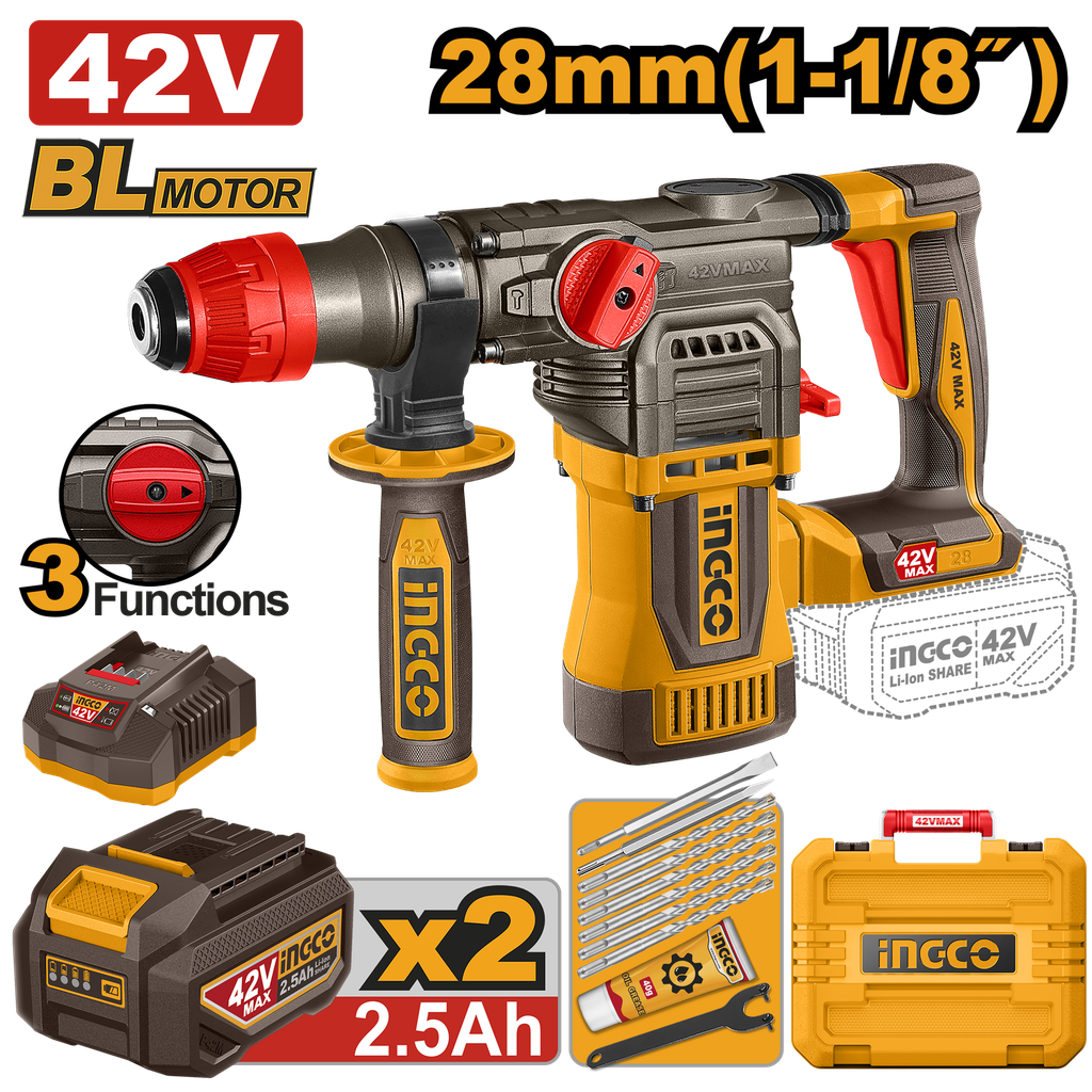 MARTILLO ROTATIVO 42 V 28 mm * Incluye Carg/Bat 2,5 aH