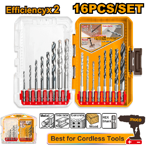 [AKDL11608] [0290] JUEGO 16 BROCAS PARA METAL Y MADERA (VASTAGO HEXAGONAL)